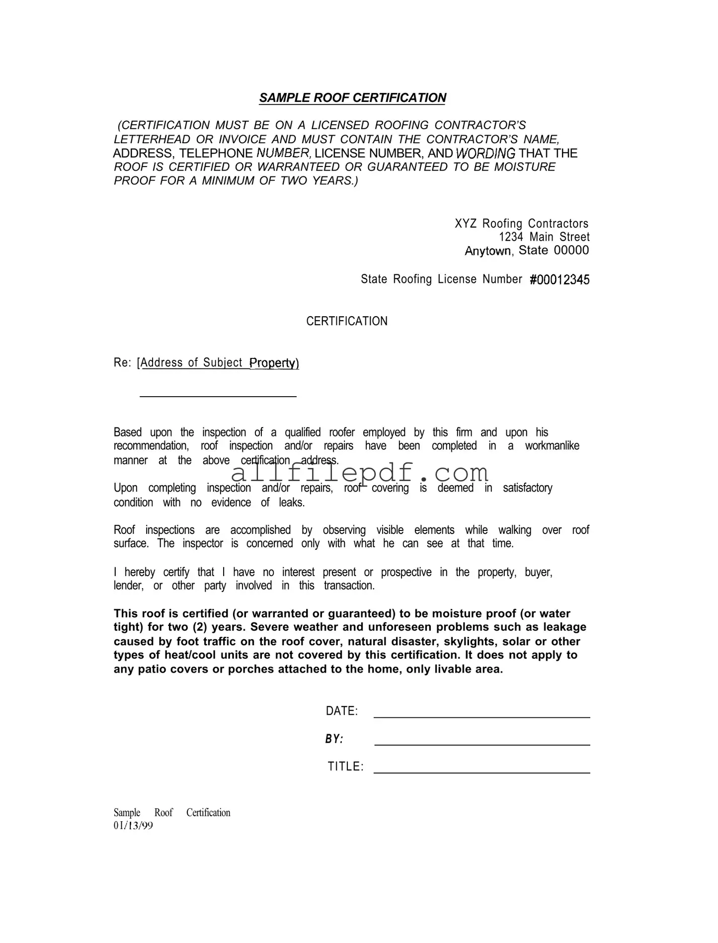 Blank Sample Roof Certification PDF Form