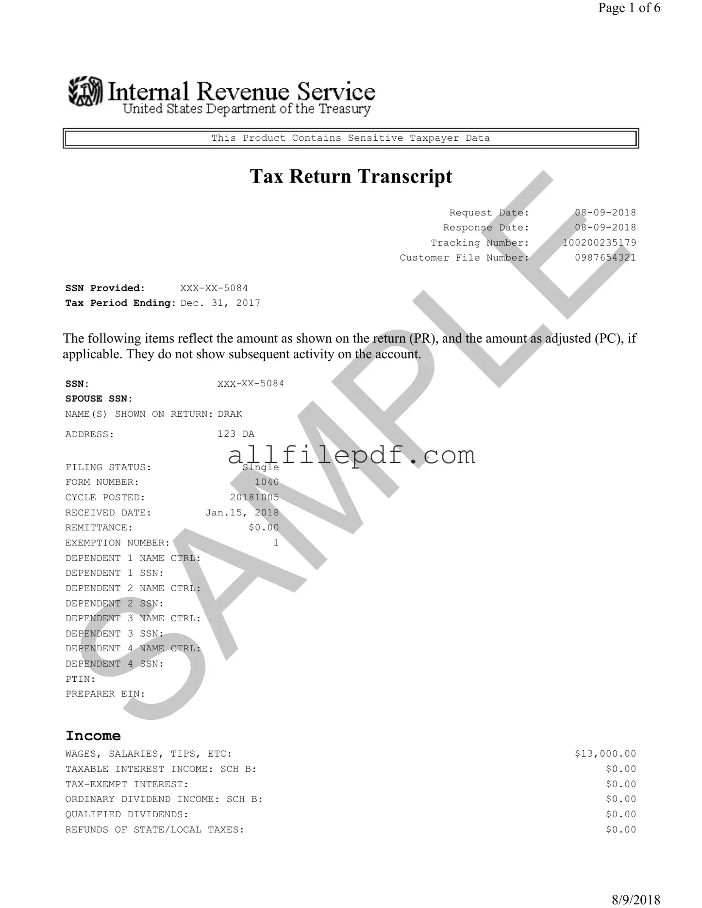 Blank Sample Tax Return Transcript PDF Form