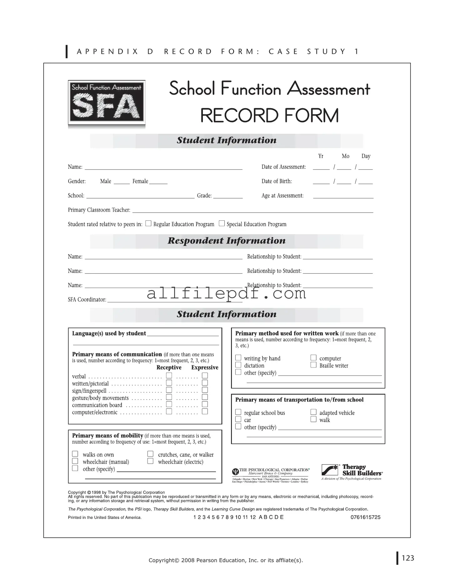 Blank School Function Assessment PDF Form