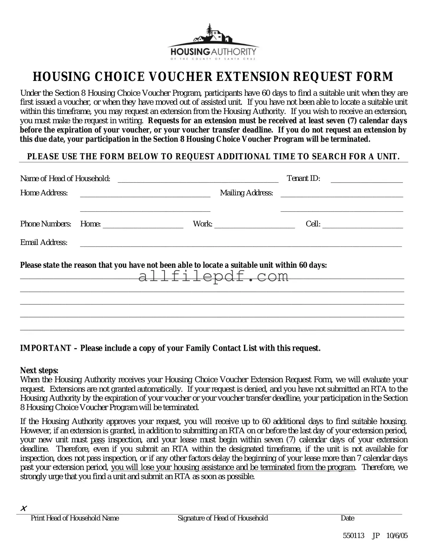 Blank Section 8 Voucher Extension PDF Form