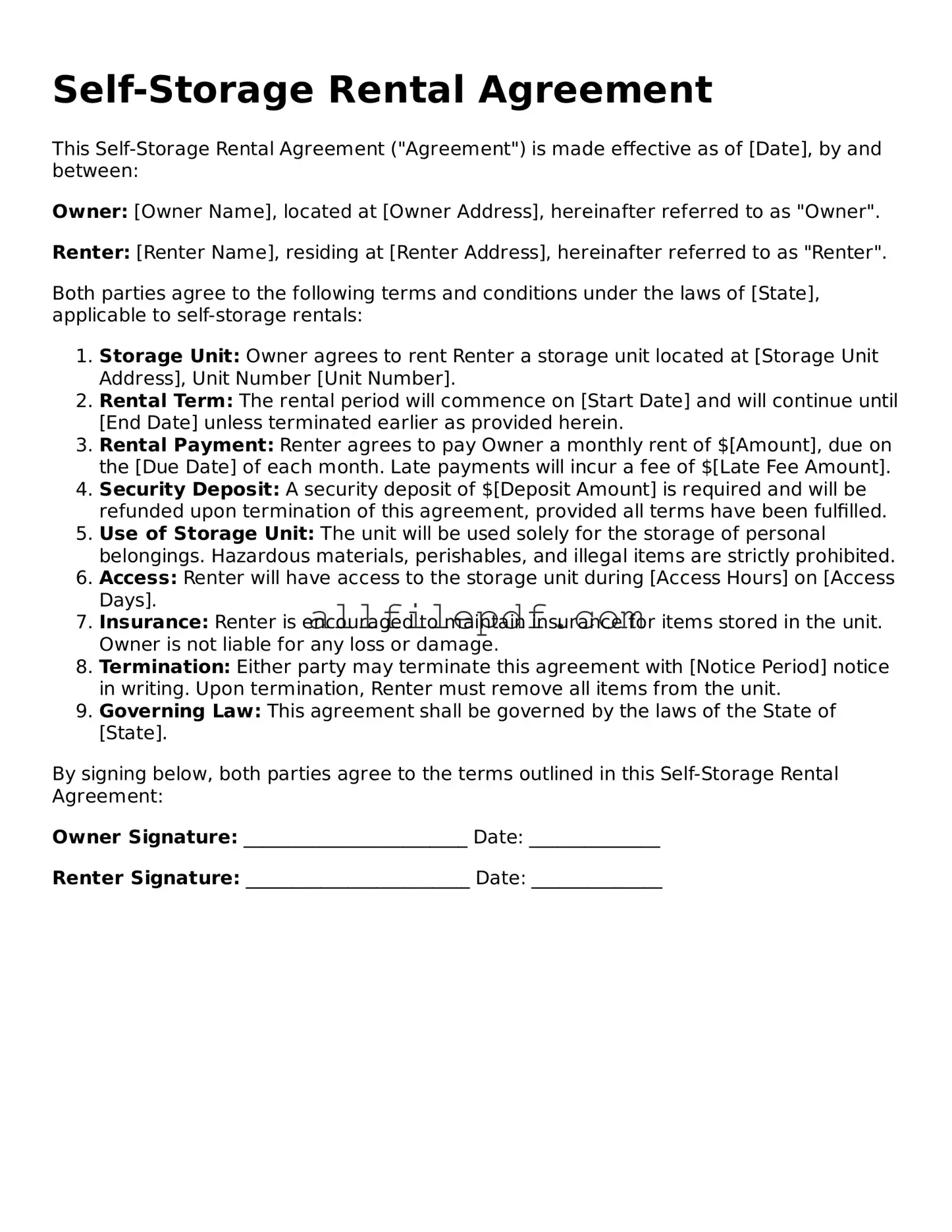 Blank Self-Storage Rental Agreement Template