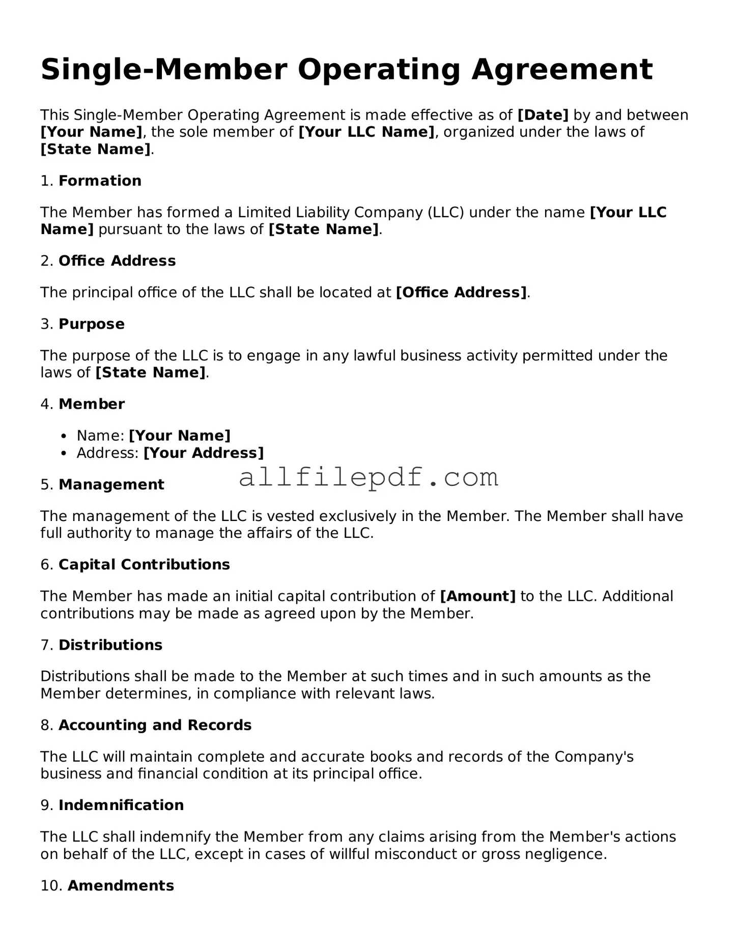 Blank Single-Member Operating Agreement Template