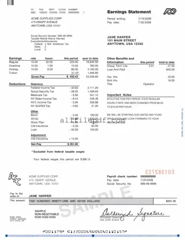 Blank Adp Pay Stub PDF Form
