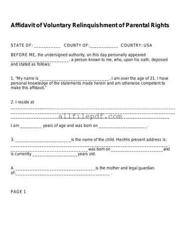 Blank Affidavit Parental Rights PDF Form
