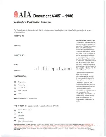 Blank AIA A305 PDF Form