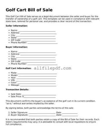 Blank Golf Cart Bill of Sale Template