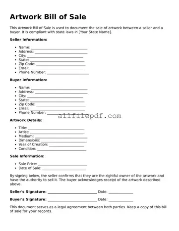 Blank Artwork Bill of Sale Template