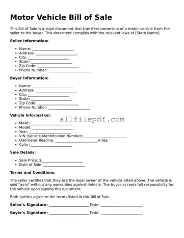 Blank Motor Vehicle Bill of Sale Template
