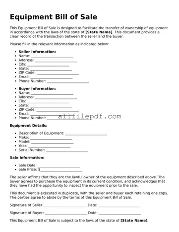 Blank Equipment Bill of Sale Template