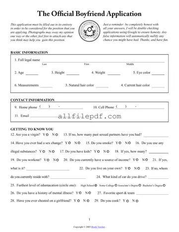Blank Boyfriend application form PDF Form