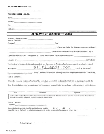 Blank California Affidavit of Death of a Trustee PDF Form