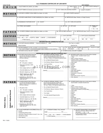 Blank CDC U.S. Standard Certificate of Live Birth PDF Form