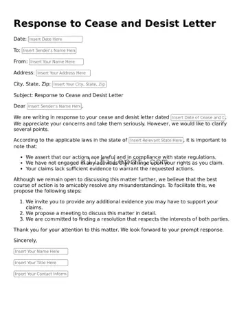 Blank Response to a Cease and Desist Letter Template