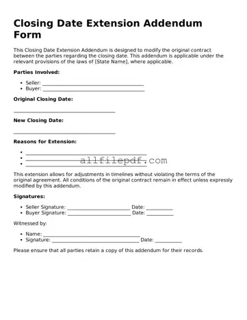 Blank Closing Date Extension Addendum Form Template