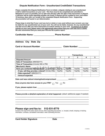 Blank Netspend Dispute PDF Form