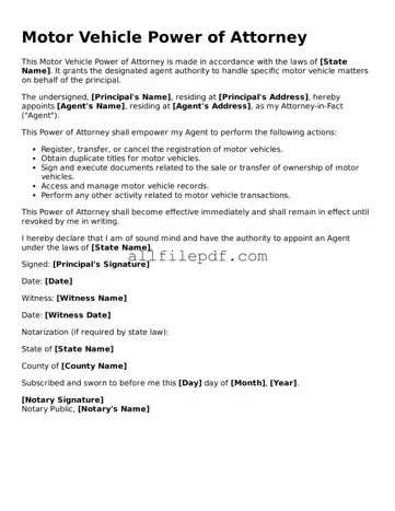 Blank Motor Vehicle Power of Attorney Template