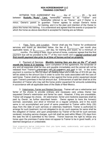 Blank Horse Training Contract PDF Form