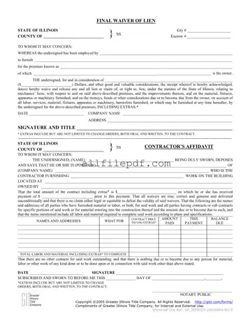 Blank Illinois Final Waiver Of Lien PDF Form