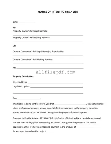 Blank Intent To Lien Florida PDF Form