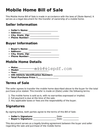 Blank Mobile Home Bill of Sale Template