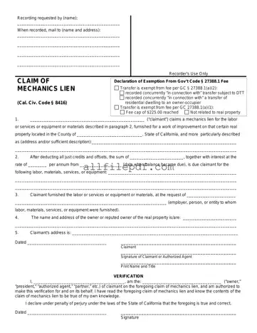 Blank Mechanics Lien California PDF Form
