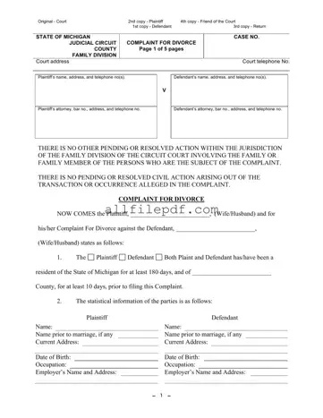 Blank Michigan Complaint Divorce PDF Form