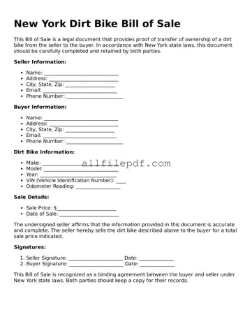 Official  Dirt Bike Bill of Sale Document for New York