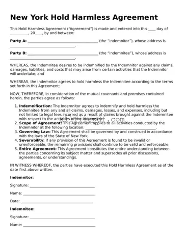Official  Hold Harmless Agreement Document for New York