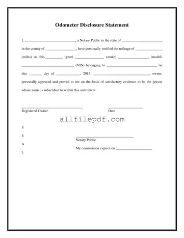 Blank Notarized Odometer Statement PDF Form