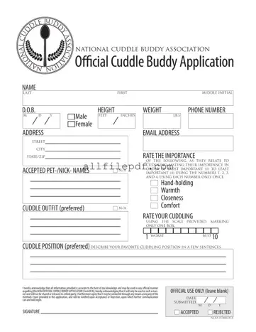 Blank Cuddle Buddy Application PDF Form