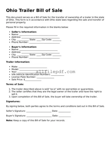 Official  Trailer Bill of Sale Document for Ohio