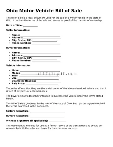 Official  Motor Vehicle Bill of Sale Document for Ohio
