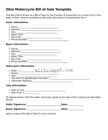 Official  Motorcycle Bill of Sale Document for Ohio