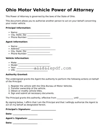 Official  Motor Vehicle Power of Attorney Document for Ohio