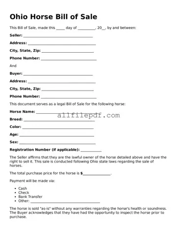 Official  Horse Bill of Sale Document for Ohio