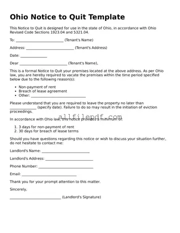 Official  Notice to Quit Document for Ohio