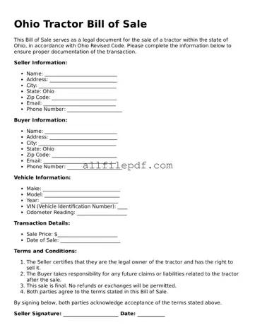 Official  Tractor Bill of Sale Document for Ohio