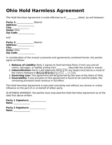 Official  Hold Harmless Agreement Document for Ohio