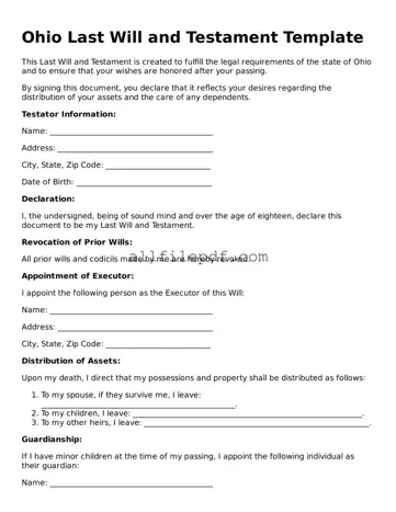 Official  Last Will and Testament Document for Ohio