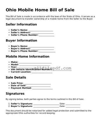 Official  Mobile Home Bill of Sale Document for Ohio