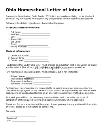 Official  Homeschool Letter of Intent Document for Ohio