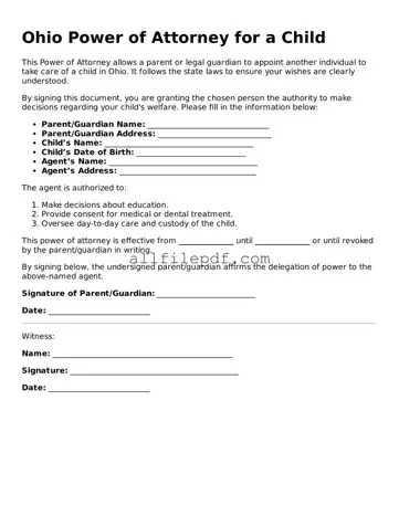 Official  Power of Attorney for a Child Document for Ohio