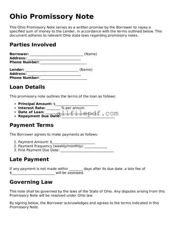 Official  Promissory Note Document for Ohio