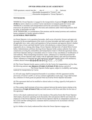Blank Owner Operator Lease Agreement PDF Form