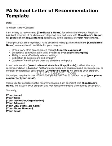 Blank PA School Letter of Recommendation Template