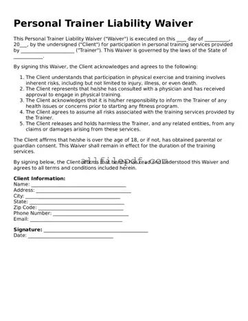 Blank Personal Trainer Liability Waiver Template