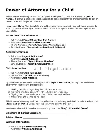 Blank Power of Attorney for a Child Template