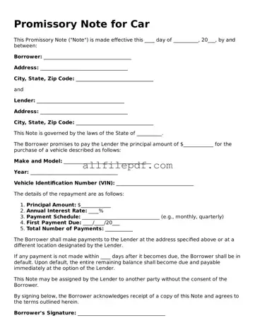 Blank Promissory Note for a Car Template