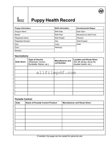 Blank Puppy Health Record PDF Form