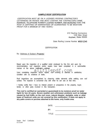 Blank Sample Roof Certification PDF Form
